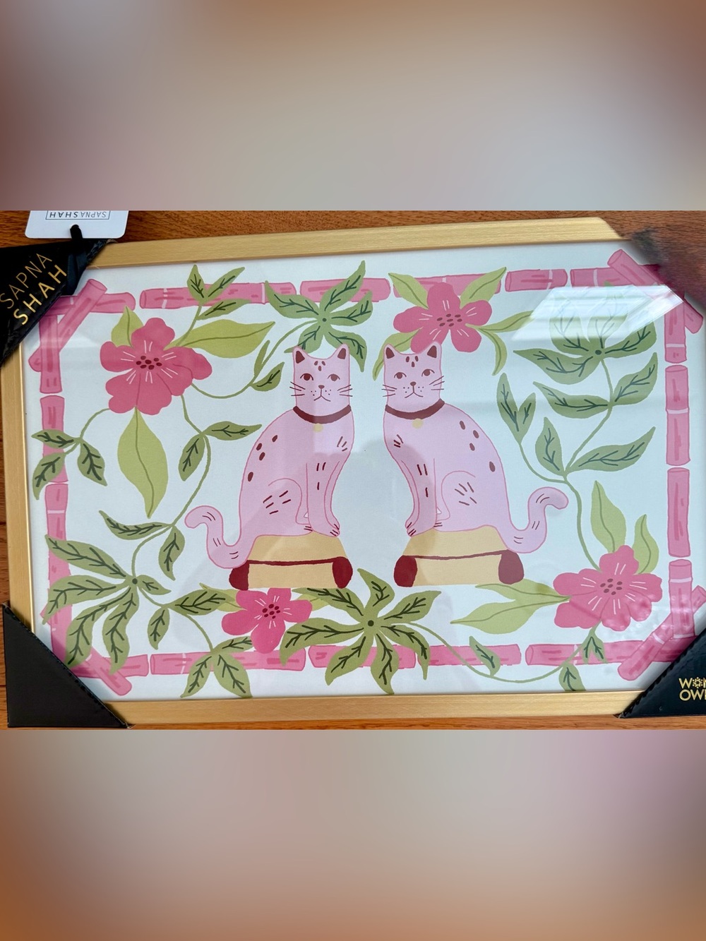 NWT NEW Sapna Shah Pink Cats Bamboo Wall Art Gold Framed Print Chinoiserie